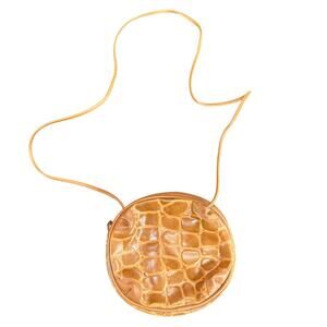 Vtg crossbody bag- faux croc outside round- medium brown- zips- Dovers Brand